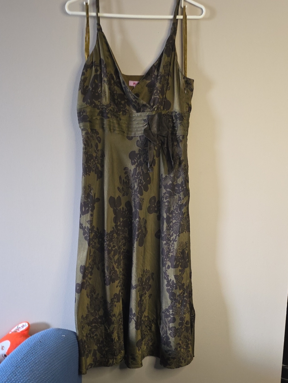 Monsoon Olive Green and Black Floral Satin Midi Dress